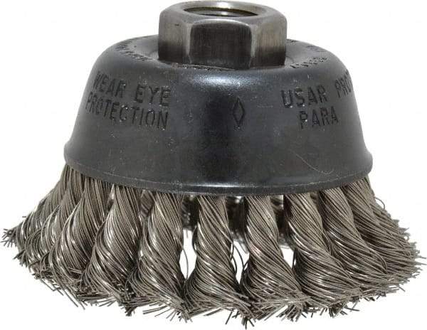Osborn - 2-3/4" Diam, 5/8-11 Threaded Arbor, Stainless Steel Fill Cup Brush - 0.014 Wire Diam, 14,000 Max RPM - First Tool & Supply