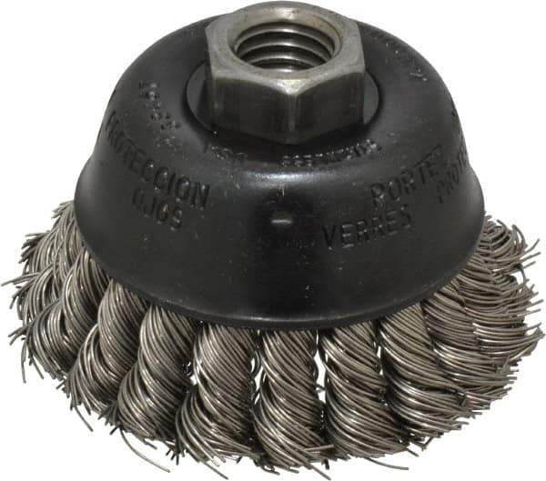 Osborn - 2-3/4" Diam, 5/8-11 Threaded Arbor, Stainless Steel Fill Cup Brush - 0.02 Wire Diam, 14,000 Max RPM - First Tool & Supply