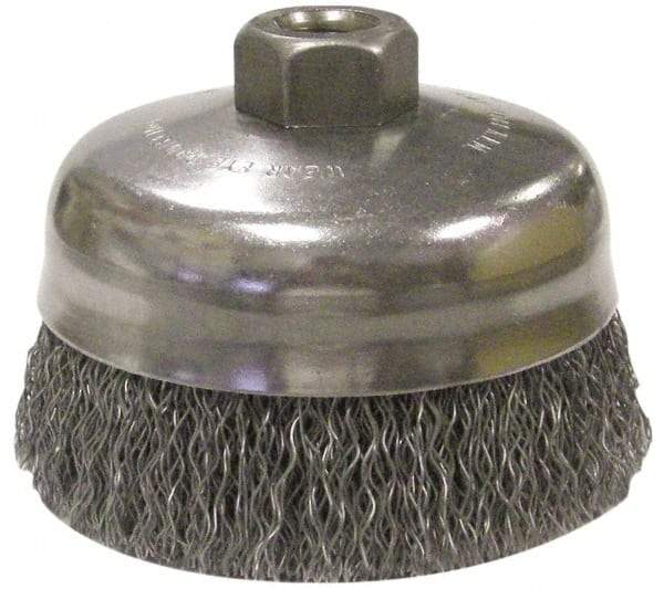 Anderson - 5" Diam, 5/8-11 Threaded Arbor, Steel Fill Cup Brush - 0.014 Wire Diam, 1-1/4" Trim Length, 9,000 Max RPM - First Tool & Supply