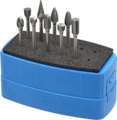 Made in USA - 9 Piece, 1/8" Shank Burr Set - Solid Carbide, Multiple Head Shapes - First Tool & Supply