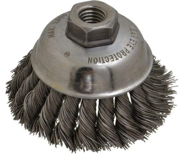 Anderson - 3-1/2" Diam, 5/8-11 Threaded Arbor, Steel Fill Cup Brush - 0.02 Wire Diam, 1-1/4" Trim Length, 9,000 Max RPM - First Tool & Supply