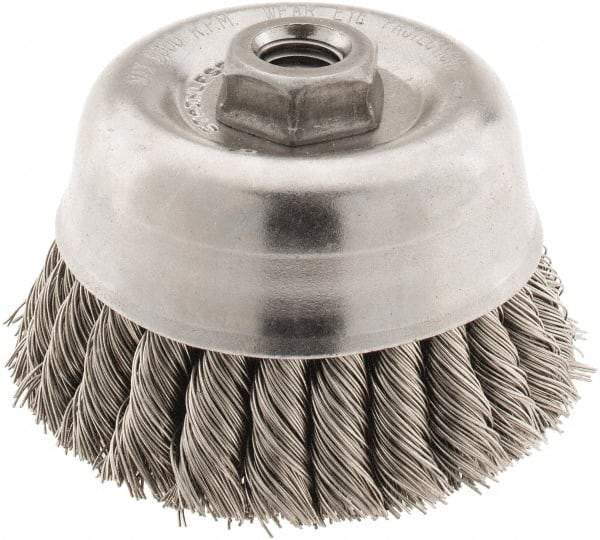 Anderson - 4" Diam, 5/8-11 Threaded Arbor, Stainless Steel Fill Cup Brush - 0.02 Wire Diam, 1-1/4" Trim Length, 9,000 Max RPM - First Tool & Supply