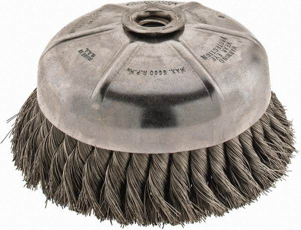 Anderson - 6" Diam, 5/8-11 Threaded Arbor, Stainless Steel Fill Cup Brush - 0.014 Wire Diam, 1-3/8" Trim Length, 6,600 Max RPM - First Tool & Supply