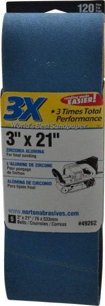 Norton - 3" Wide x 21" OAL, 120 Grit, Zirconia Alumina Abrasive Belt - Zirconia Alumina, Fine, Coated, Y Weighted Cloth Backing, Series 3X - First Tool & Supply