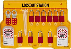 Master Lock - 14 Piece, Equipped Polycarbonate Padlock Station - 22 Inch Wide x 15-1/2 Inch High x 1-3/4 Inch Deep, Black on Yellow, Covered - First Tool & Supply