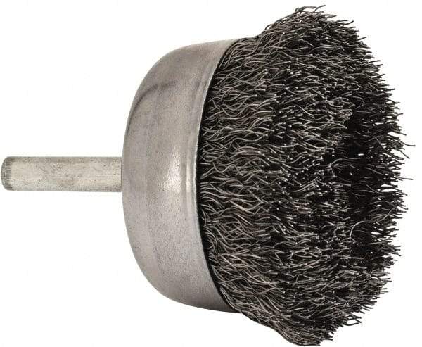 Made in USA - 2-1/4" Diam, 1/4" Shank Crimped Wire Steel Cup Brush - 0.0104" Filament Diam, 5/8" Trim Length, 13,000 Max RPM - First Tool & Supply
