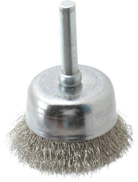 Made in USA - 1-3/4" Diam, 1/4" Shank Crimped Wire Stainless Steel Cup Brush - 0.006" Filament Diam, 3/4" Trim Length, 13,000 Max RPM - First Tool & Supply