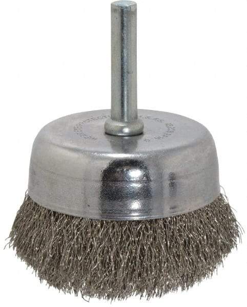 Made in USA - 2-1/4" Diam, 1/4" Shank Crimped Wire Stainless Steel Cup Brush - 0.008" Filament Diam, 5/8" Trim Length, 13,000 Max RPM - First Tool & Supply
