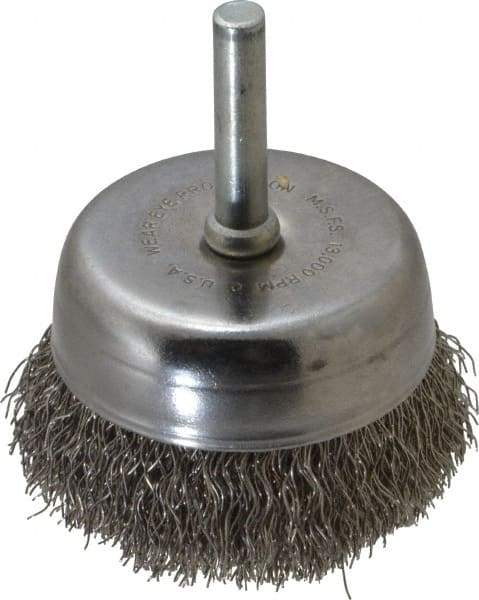 Made in USA - 2-1/4" Diam, 1/4" Shank Crimped Wire Stainless Steel Cup Brush - 0.0118" Filament Diam, 5/8" Trim Length, 13,000 Max RPM - First Tool & Supply