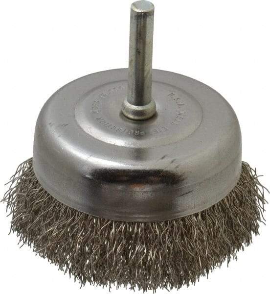Made in USA - 2-3/4" Diam, 1/4" Shank Crimped Wire Stainless Steel Cup Brush - 0.0118" Filament Diam, 7/8" Trim Length, 13,000 Max RPM - First Tool & Supply