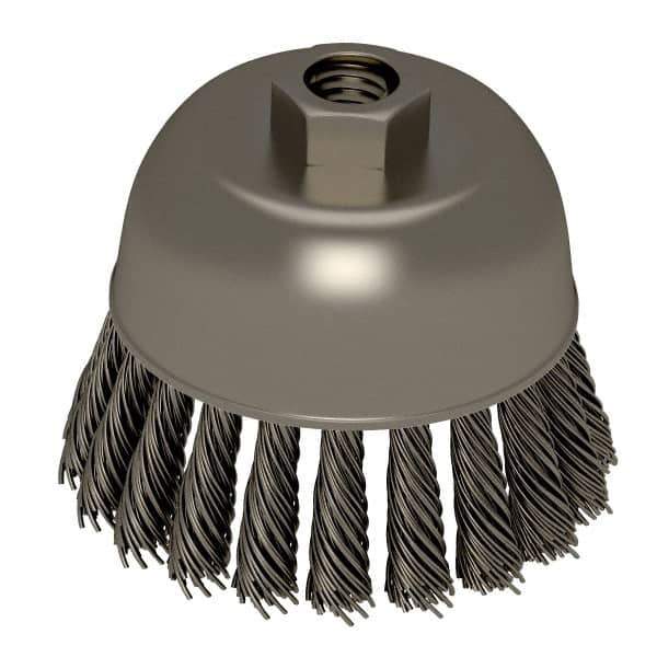 Weiler - 2-3/4" Diam, 5/8-11 Threaded Arbor, Stainless Steel Fill Cup Brush - 0.02 Wire Diam, 7/8" Trim Length, 14,000 Max RPM - First Tool & Supply