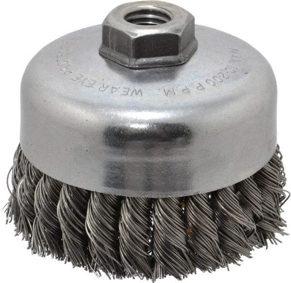 Weiler - 4" Diam, 5/8-11 Threaded Arbor, Steel Fill Cup Brush - 0.023 Wire Diam, 1-1/4" Trim Length, 9,000 Max RPM - First Tool & Supply