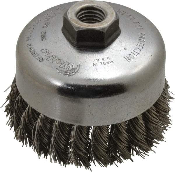 Weiler - 4" Diam, 5/8-11 Threaded Arbor, Stainless Steel Fill Cup Brush - 0.023 Wire Diam, 1-1/4" Trim Length, 9,000 Max RPM - First Tool & Supply