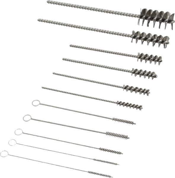 PRO-SOURCE - 11 Piece Stainless Steel Hand Tube Brush Set - 3/4" to 1-1/2" Brush Length, 4" OAL, 0.034" Shank Diam, Includes Brush Diams 1/4", 5/16", 3/8", 1/2" & 3/4" - First Tool & Supply