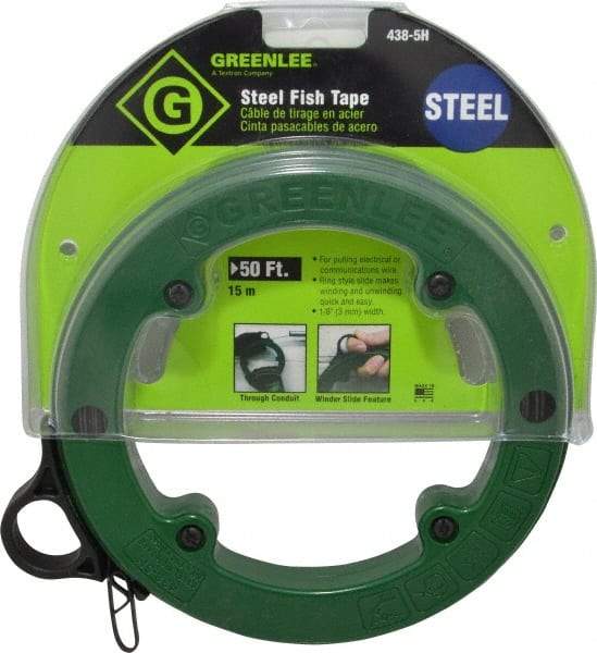 Greenlee - 50 Ft. Long x 1/8 Inch Wide, 3/64 Inch Thick, Steel Fish Tape - 400 Lb. Pulling Strength, Includes Case - First Tool & Supply