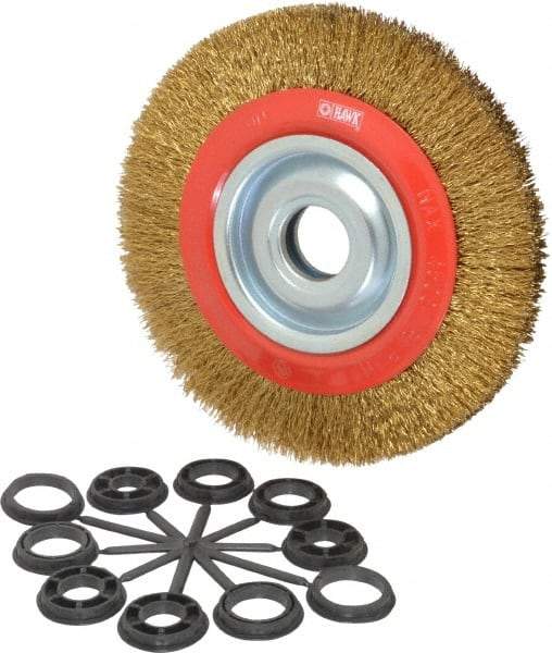 Value Collection - 8" OD, 1-1/4" Arbor Hole, Crimped Brass-Coated Steel Wheel Brush - 3/4" Face Width, 1-11/32" Trim Length, 0.014" Filament Diam, 4,500 RPM - First Tool & Supply