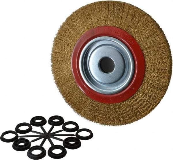 Value Collection - 10" OD, 1-1/4" Arbor Hole, Crimped Brass-Coated Steel Wheel Brush - 1" Face Width, 1-15/32" Trim Length, 0.012" Filament Diam, 3,000 RPM - First Tool & Supply