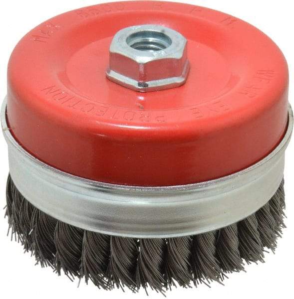 Value Collection - 4-3/8" Diam, 5/8-11 Threaded Arbor, Steel Fill Cup Brush - 0.02 Wire Diam, 6,500 Max RPM - First Tool & Supply