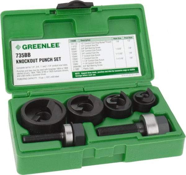 Greenlee - 11 Piece, 1/2 to 1-1/4" Punch Hole Diam, Manual Knockout Set - Round Punch, 10 Gage Mild Steel - First Tool & Supply