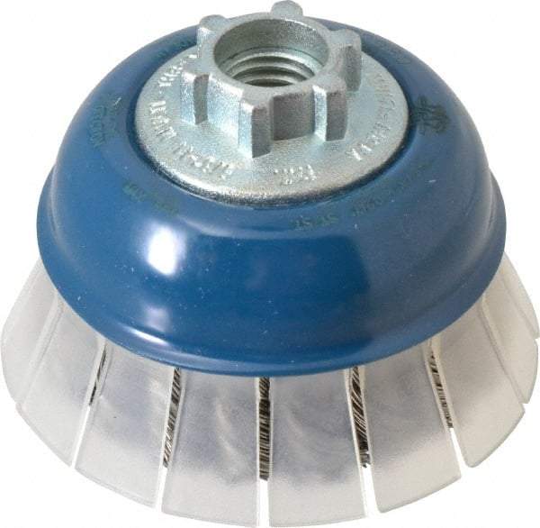 JAZ USA - 2-3/4" Diam, 5/8-11 & M14x2.00 Threaded Arbor, Stainless Steel Fill Cup Brush - 0.02 Wire Diam, 3/4" Trim Length, 15,000 Max RPM - First Tool & Supply