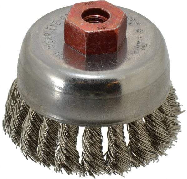 Anderson - 2-3/4" Diam, M10x1.50 Threaded Arbor, Stainless Steel Fill Cup Brush - 0.02 Wire Diam, 3/4" Trim Length, 14,000 Max RPM - First Tool & Supply