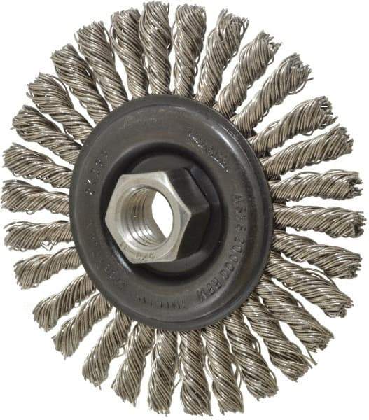 Osborn - 4" OD, 5/8-11 Arbor Hole, Knotted Stainless Steel Wheel Brush - 1/4" Face Width, 7/8" Trim Length, 0.02" Filament Diam, 20,000 RPM - First Tool & Supply
