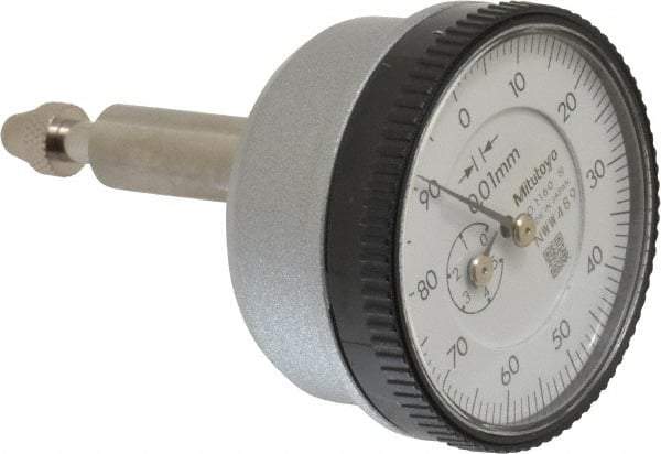 Mitutoyo - 5mm Range, 0-100 Dial Reading, 0.01mm Graduation Dial Drop Indicator - 1.5354" Dial, 1mm Range per Revolution, 0.016mm Accuracy - First Tool & Supply