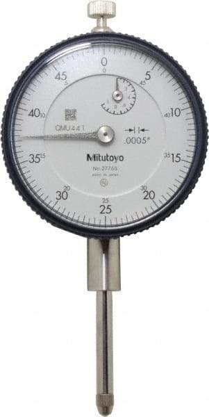 Mitutoyo - 1" Range, 0-50 Dial Reading, 0.0005" Graduation Dial Drop Indicator - 2-3/16" Dial, 0.05" Range per Revolution, 0.002" Accuracy, Revolution Counter - First Tool & Supply