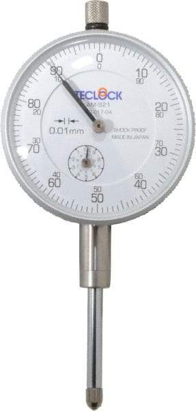 Teclock - 25mm Range, 0-100 Dial Reading, 0.01" Graduation Dial Drop Indicator - 2-11/64" Dial, 1" Range per Revolution, 0.03" Accuracy, Revolution Counter - First Tool & Supply