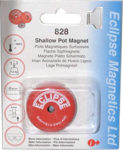 Eclipse - 1-1/2" Diam, 28.5 Lb Average Pull Force, Mild Steel, Alnico Pot Magnets - 0.339" Countersunk Hole, 220°C Max Operating Temp, 0.407" High, Grade 5 Alnico - First Tool & Supply