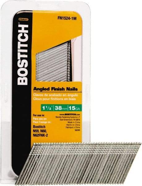 Stanley Bostitch - 15 Gauge 0.07" Shank Diam 1-1/2" Long Finishing Nails for Power Nailers - Steel, Bright Finish, Smooth Shank, Angled Stick Adhesive Collation, Round Head, Chisel Point - First Tool & Supply