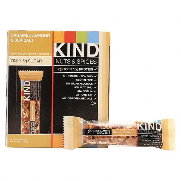 KIND - Snacks, Cookies, Candy & Gum Breakroom Accessory Type: Granola Bars Breakroom Accessory Description: Nuts and Spices Bar, Caramel Almond and Sea Salt, 1.4 oz Bar, 12/Box - First Tool & Supply