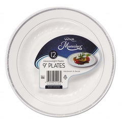 WNA - Masterpiece Plastic Plates, 9 in, White w/Silver Accents, Round, 120/Carton - First Tool & Supply