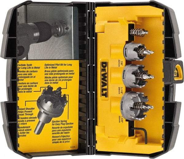 DeWALT - 5 Piece, 7/8" to 1-3/8" Saw Diam, Hole Saw Kit - Carbide-Tipped, Toothed Edge, Includes 3 Hole Saws - First Tool & Supply