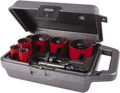 M.K. MORSE - 8 Piece, 7/8" to 2-1/2" Saw Diam, Electrician's Hole Saw Kit - Bi-Metal, Toothed Edge, Pilot Drill Model No. MAPD301, Includes 3 Hole Saws - First Tool & Supply