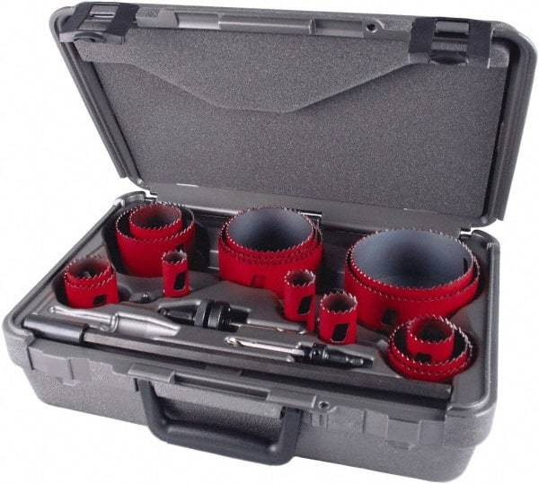 M.K. MORSE - 19 Piece, 3/4" to 4-1/2" Saw Diam, Industrial Hole Saw Kit - Bi-Metal, Toothed Edge, Pilot Drill Model No. MAPD301, Includes 5 Hole Saws - First Tool & Supply