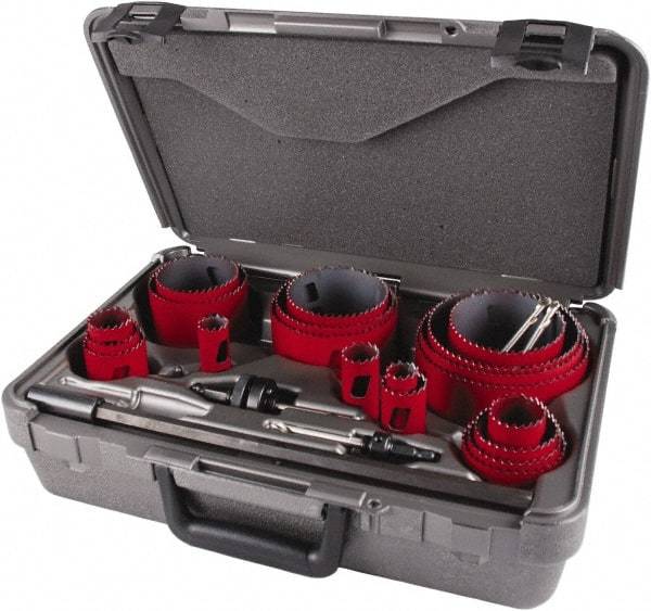 M.K. MORSE - 25 Piece, 3/4" to 4-3/4" Saw Diam, Contractor's Hole Saw Kit - Bi-Metal, Toothed Edge, Pilot Drill Model No. MAPD301, Includes 5 Hole Saws - First Tool & Supply