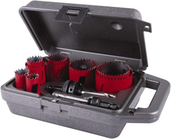 M.K. MORSE - 11 Piece, 3/4" to 2-1/2" Saw Diam, General Purpose Hole Saw Kit - Bi-Metal, Toothed Edge, Pilot Drill Model No. MAPD301, Includes 3 Hole Saws - First Tool & Supply