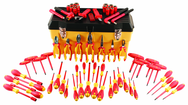 66 Piece - Insulated Tool Set with Pliers; Cutters; Nut Drivers; Screwdrivers; T Handles; Knife; Sockets & 3/8" Drive Ratchet w/Extension; Adjustable Wrench - First Tool & Supply
