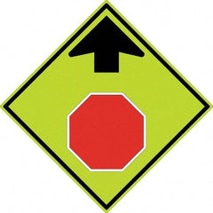 NMC - "Up Arrow, Stop Symbol", 30" Wide x 30" High, Aluminum Stop & Yield Signs - 0.08" Thick, Red & Black on Yellow, Diamond Grade Reflectivity, Diamond, Post Mount - First Tool & Supply