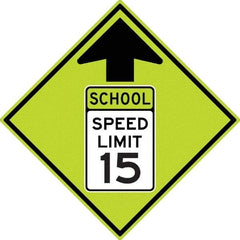 NMC - "School Speed Limit 15", "Up Arrow", 30" Wide x 30" High, Aluminum Warning & Safety Reminder Signs - 0.08" Thick, Black/Green, Diamond Grade Reflectivity, Diamond, Post Mount - First Tool & Supply