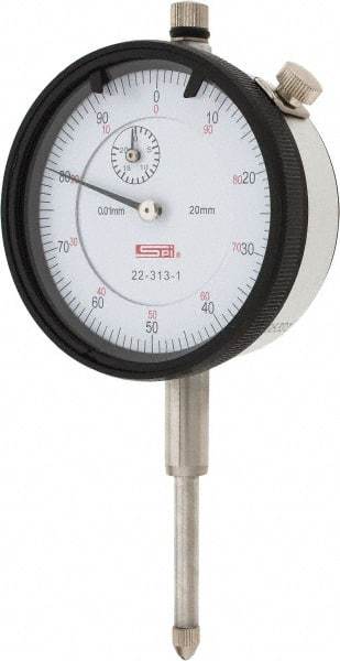 SPI - 20mm Range, 0-100 Dial Reading, 0.01mm Graduation Dial Drop Indicator - 58mm Dial, 1mm Range per Revolution, 0.025mm Accuracy, Revolution Counter, Includes NIST Traceability Certification - First Tool & Supply