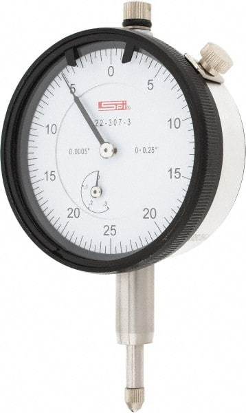 SPI - 1/4" Range, 0-25-0 Dial Reading, 0.0005" Graduation Dial Drop Indicator - 2.2" Dial, 0.05" Range per Revolution, 0.0015" Accuracy, Revolution Counter, Includes NIST Traceability Certification - First Tool & Supply