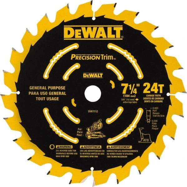 DeWALT - 7-1/4" Diam, 5/8" Arbor Hole Diam, 24 Tooth Wet & Dry Cut Saw Blade - Tungsten Carbide-Tipped, Smooth Action, Standard Round Arbor - First Tool & Supply