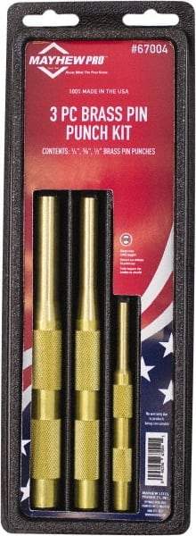 Mayhew - 3 Piece, 1/4 to 1/2", Pin Punch Set - Round Shank, Brass, Comes in Plastic Tray - First Tool & Supply