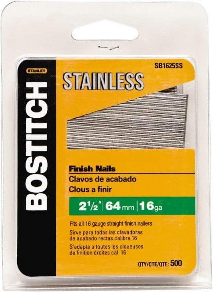 Stanley Bostitch - 16 Gauge 1/16" Shank Diam 2-1/2" Long Finishing Nails for Power Nailers - Stainless Steel, Smooth Shank, Straight Stick Adhesive Collation, Round Head, Chisel Point - First Tool & Supply