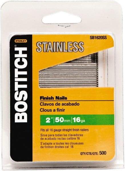 Stanley Bostitch - 16 Gauge 1/16" Shank Diam 2" Long Finishing Nails for Power Nailers - Stainless Steel, Smooth Shank, Straight Stick Adhesive Collation, Round Head, Chisel Point - First Tool & Supply