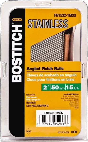 Stanley Bostitch - 15 Gauge 0.07" Shank Diam 1-1/2" Long Finishing Nails for Power Nailers - Stainless Steel, Smooth Shank, Angled Stick Adhesive Collation, Round Head, Chisel Point - First Tool & Supply