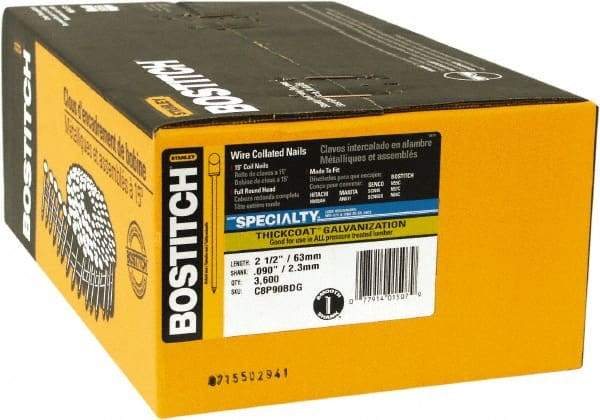 Stanley Bostitch - 13 Gauge 2-1/2" Long Siding Nails for Power Nailers - Steel, Galvanized Finish, Smooth Shank, Coil Wire Collation, Round Head, Blunt Diamond Point - First Tool & Supply