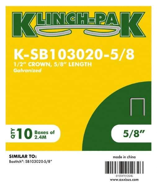 Klinch-Pak - 5/8" Long x 1/2" Wide, 0 Gauge Narrow Crown Construction Staple - Steel, Galvanized Finish, Chisel Point - First Tool & Supply